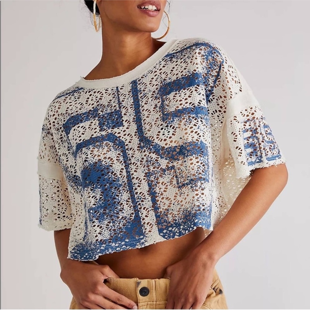 *RARE* Free People Cream Crochet Crop Top sporty jersey style with Blue Print